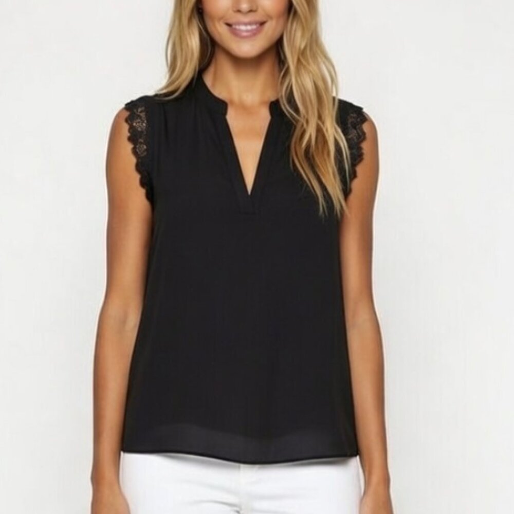 Elegant Black Lace Trim Sleeveless Top with deep V-neck. NWOT Size XL